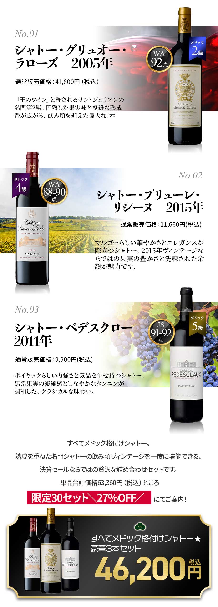 【松】すべてメドック格付けシャトー★豪華3本セット 熟成を重ねた名門シャトーの飲み頃ヴィンテージを一度に堪能できる、
決算セールならではの贅沢な詰め合わせセットです。