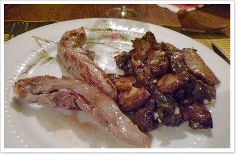 鴨のエギュイエット　きのこの白ワインソテー添え