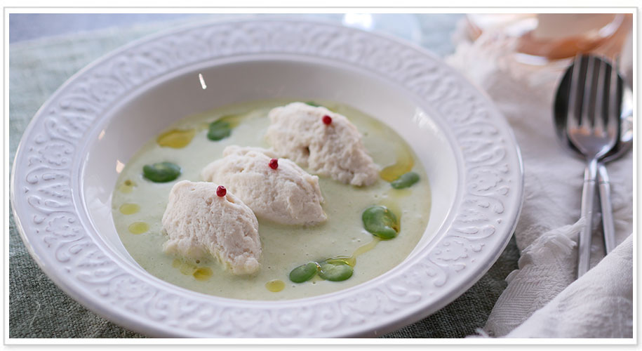 第34回目ほたてと真鯛のクネルそら豆のクリームソース