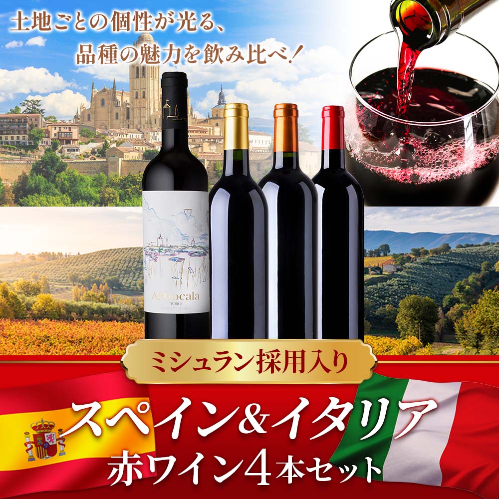 ミシュラン採用入り★スペイン＆イタリア赤ワイン4本セット