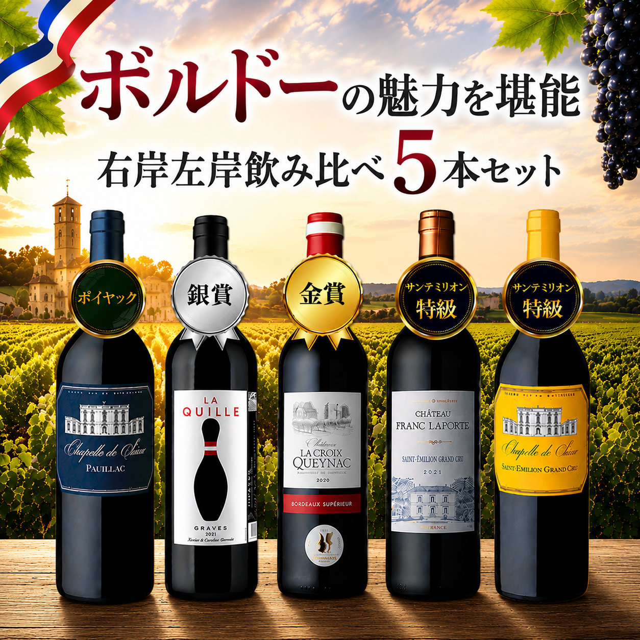 ポイヤック＆サンテミリオン特級入り！本格ボルドー飲み比べ5本セット