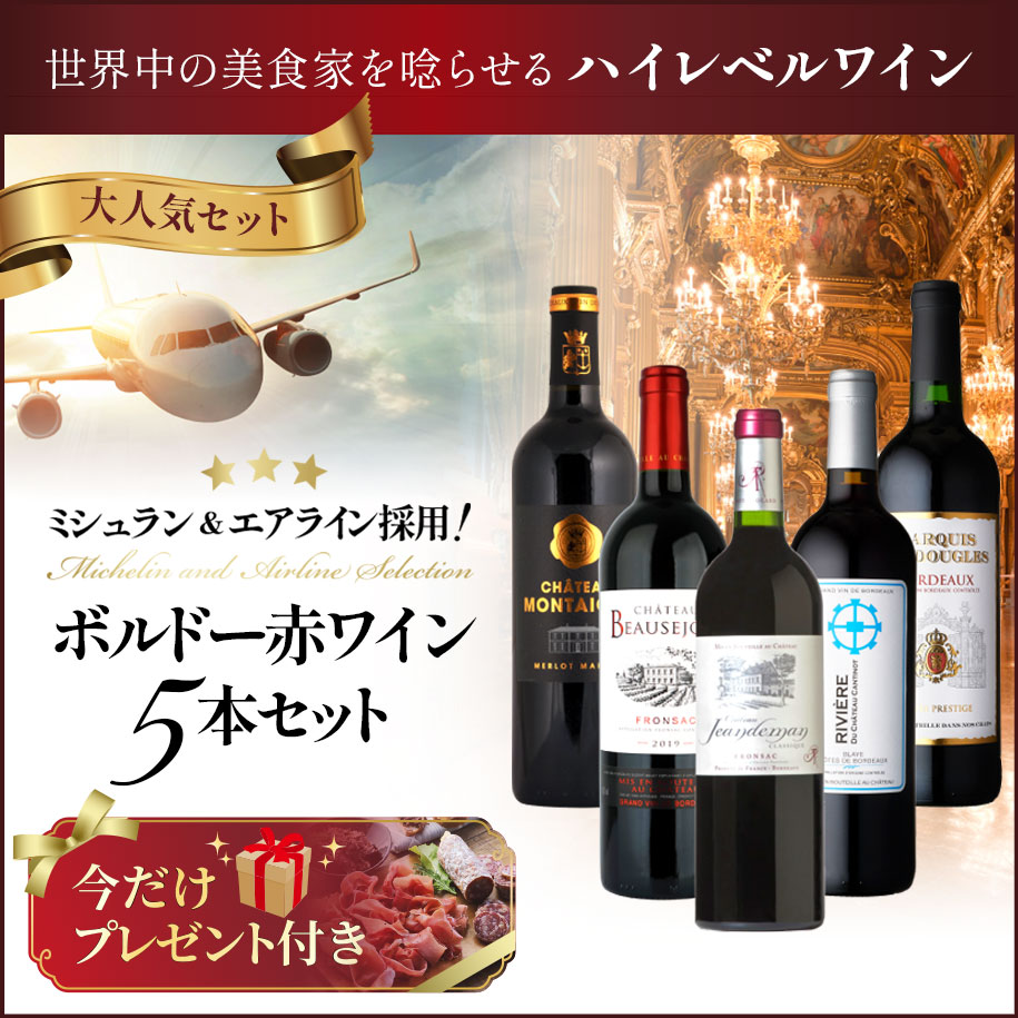 ミシュラン＆エアライン採用 ボルドー赤ワイン5本セット